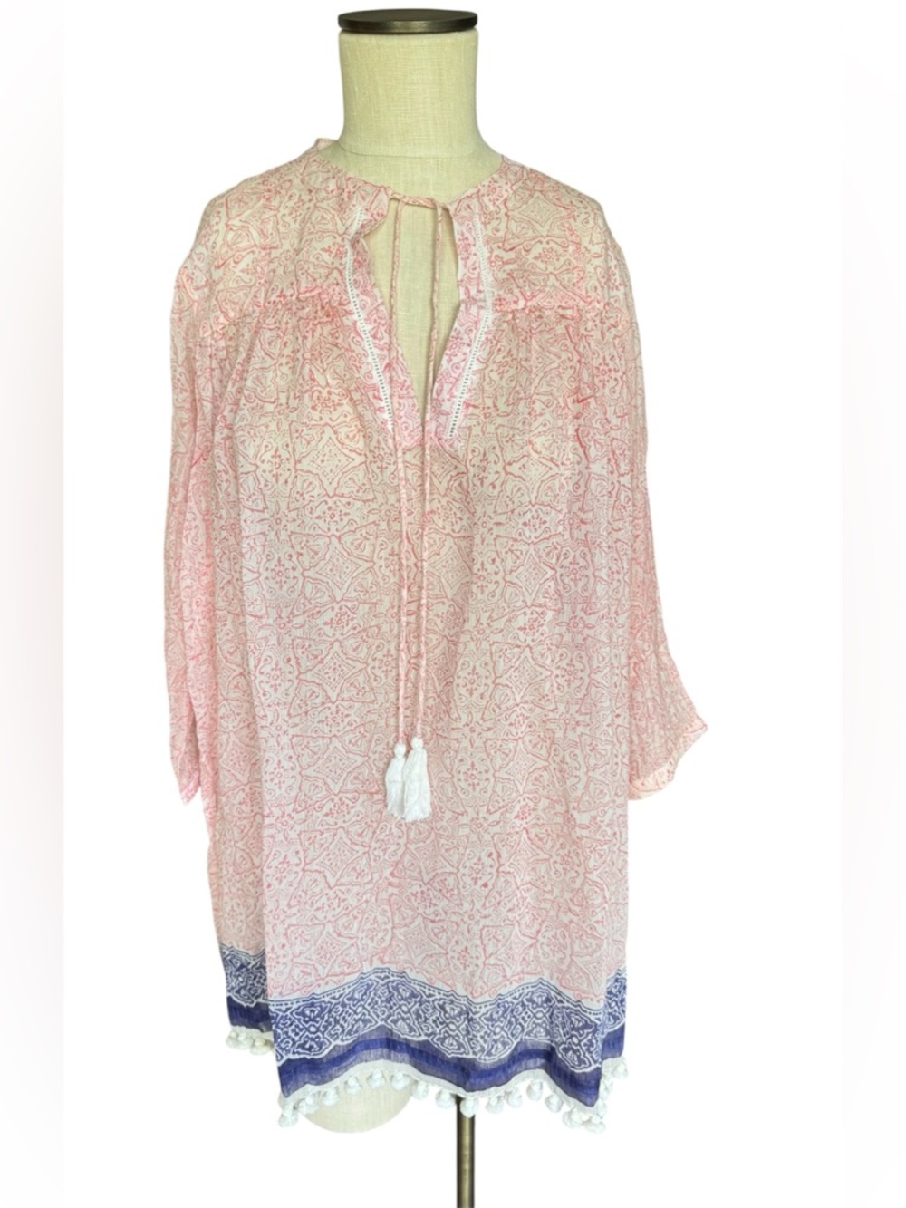 Gorsuch X Roller Rabbit Petal Pink Silk Blend Sheer Tasseled Pom Tunic Sz S